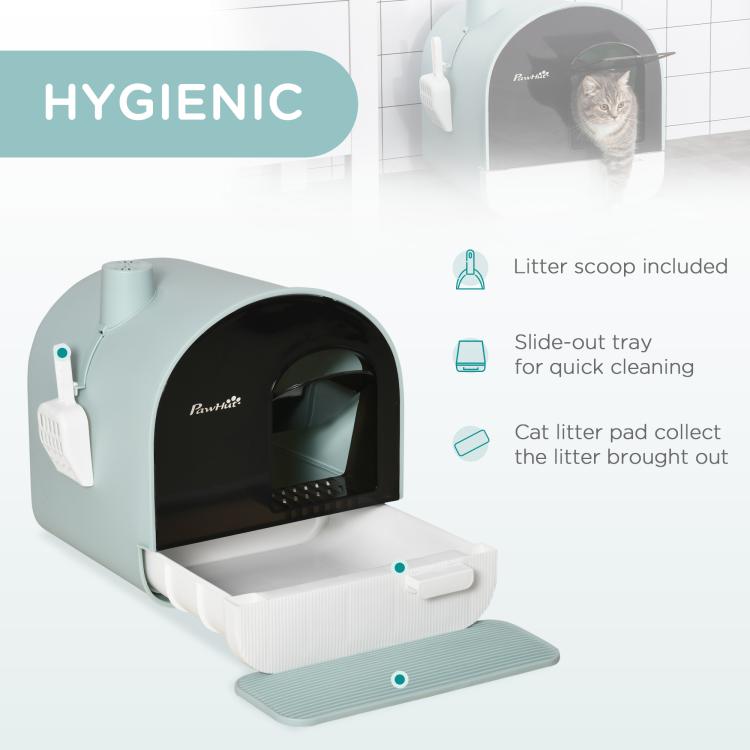 Enclosed cat litter box with drawer pulled out, showing interior and included litter scoop