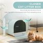 Closed light blue cat litter box with black door and teal step mat with orange cat