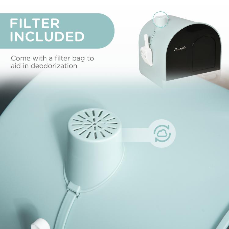 Light blue litter box top with vent fan and hanging side scoop holder
