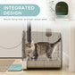 Integrated enclosed cat litter box with clear side guard and gray cat inside