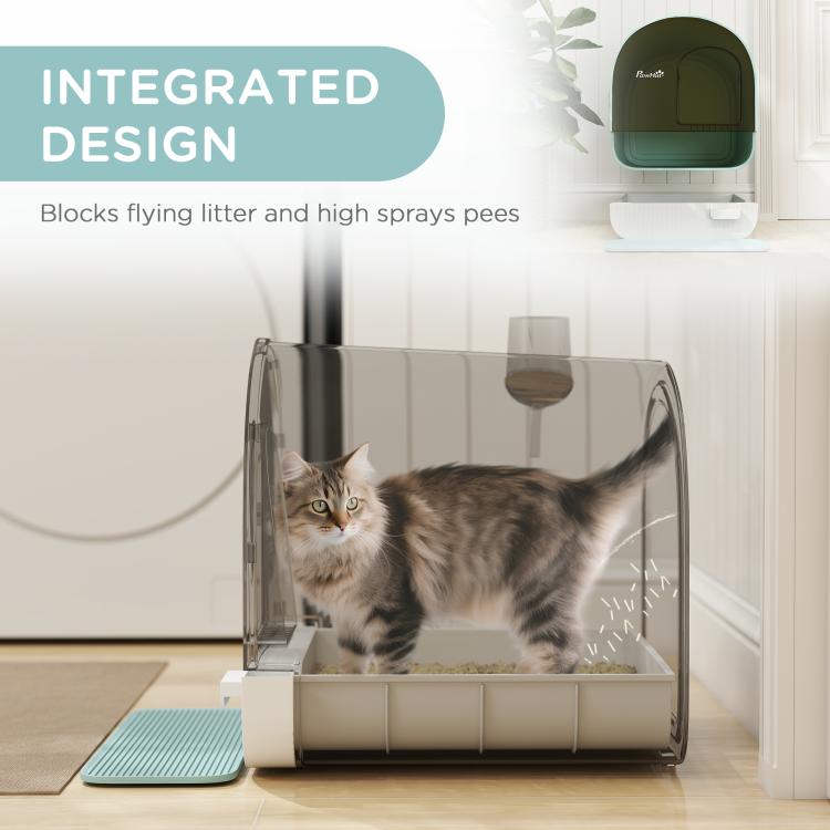 Integrated enclosed cat litter box with clear side guard and gray cat inside