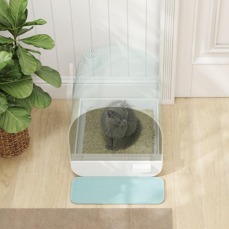 Open tray view of light blue enclosed cat litter box with gray cat inside