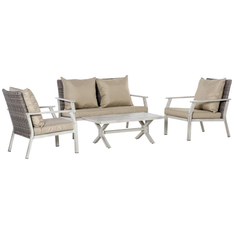 Outdoor conversation sofa set with beige cushions, gray wicker arms, and white table