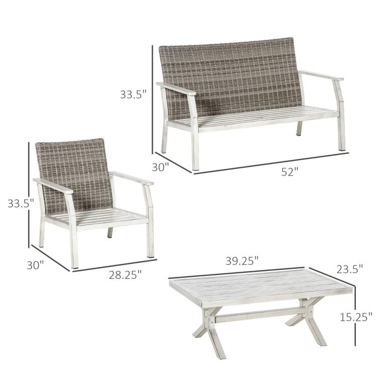 Patio sofa set dimensions diagram: armchairs, loveseat, and rectangular coffee table