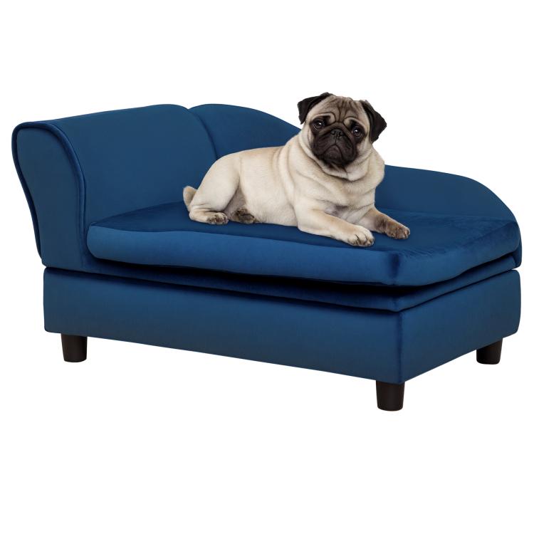 Blue pet sofa bed couch with padded armrests and backrest, raised black feet