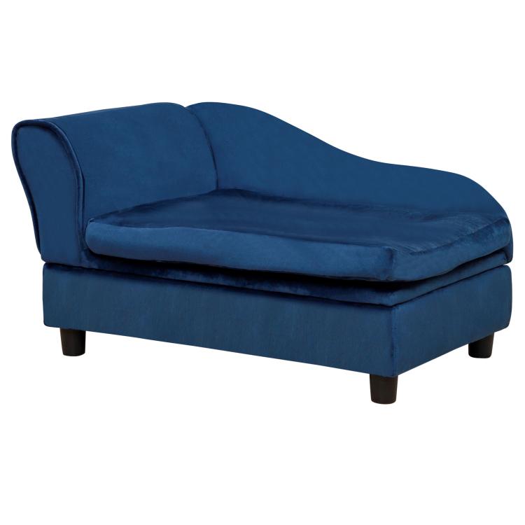 Blue pet sofa bed couch with cushioned seat and back, closed