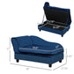 Blue pet sofa bed couch with measurements and open top storage view, black feet