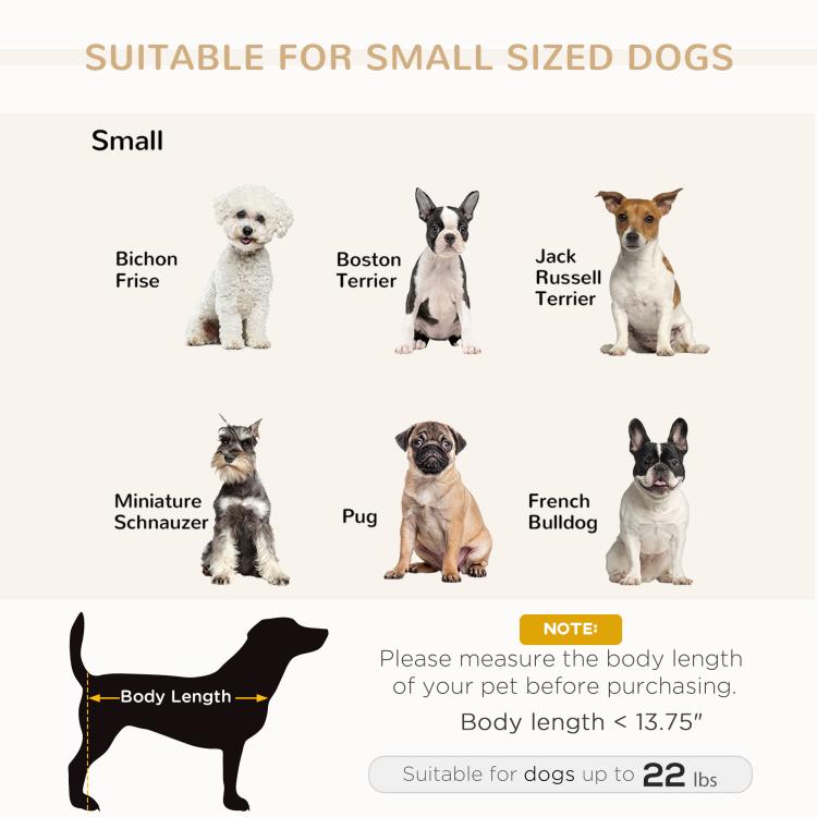 Blue pet sofa bed couch shown with size guidance for small dogs
