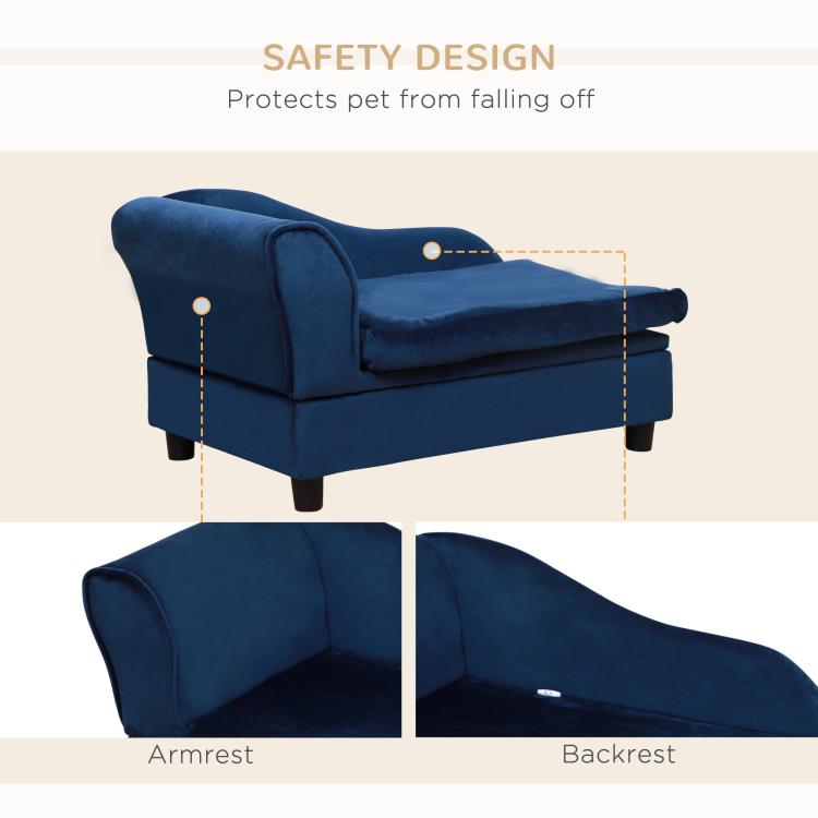 Blue pet sofa bed couch safety design with backrest and armrest details