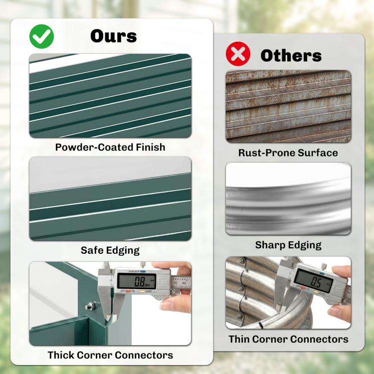Green raised garden bed corner connector and panel detail for a sturdy frame