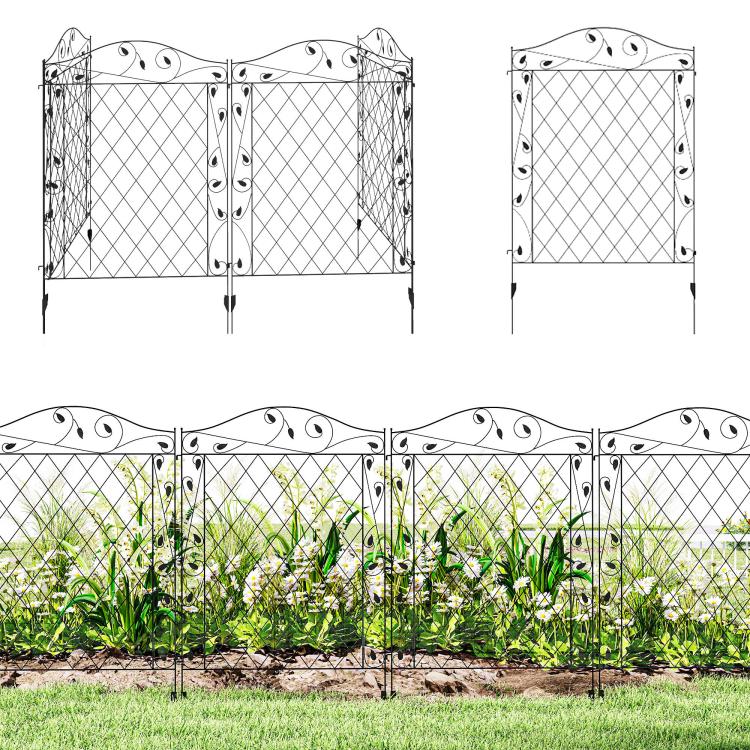Garden steel fence panels, diamond lattice with scroll top and pointed ground stakes