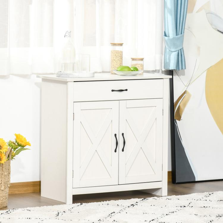 Stone white kitchen sideboard with drawer and two barn doors