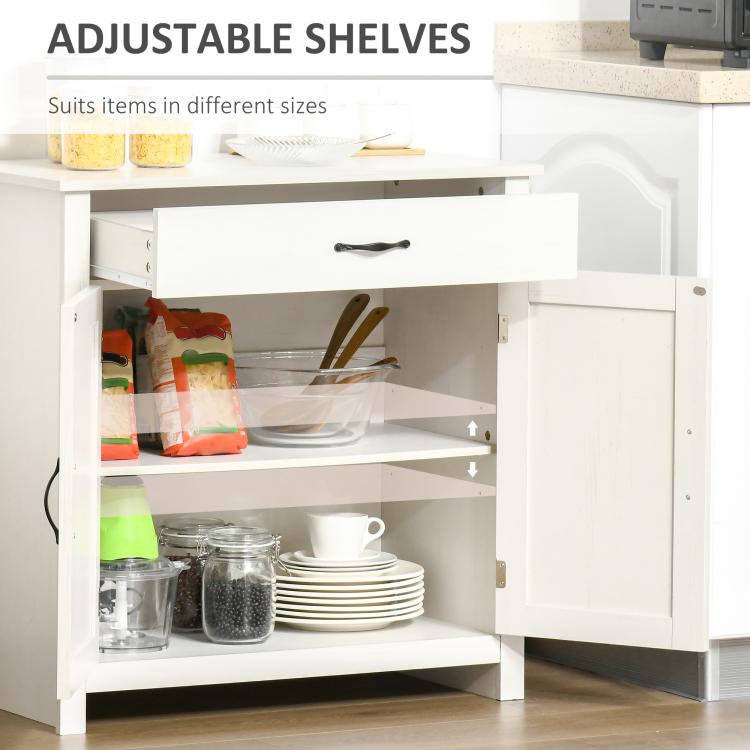 Stone white sideboard with open adjustable shelves behind barn doors