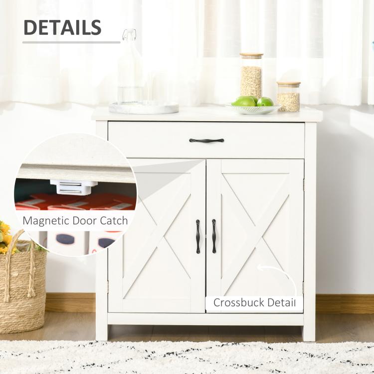 Stone white sideboard with magnetic door catch and crossbuck barn door panels