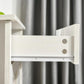 White sideboard interior showing shelf supports and metal mounting hardware