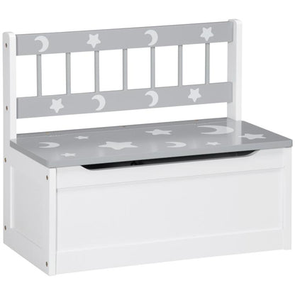 White toddler storage bench with gray star-patterned lid and enclosed toy bin