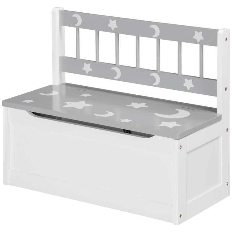 White toddler storage bench with gray star-patterned seat and open toy storage