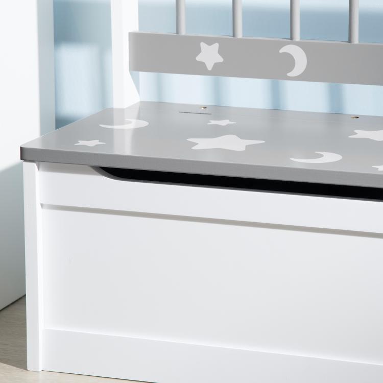 Kids toy storage bench with white body and gray star-moon seat, hinged lid