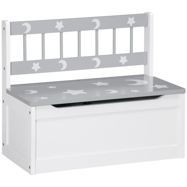 Kids toy storage bench, white bin with gray patterned seat and lift-up lid