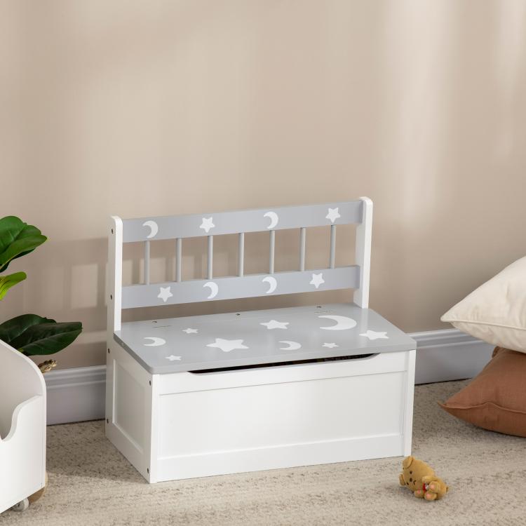 White toddler storage bench with gray star-patterned lid and open seat compartment