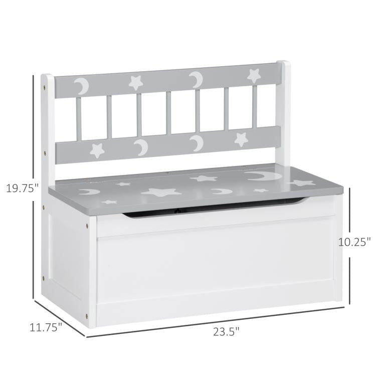 White toddler storage bench with gray star-patterned top and black lid support