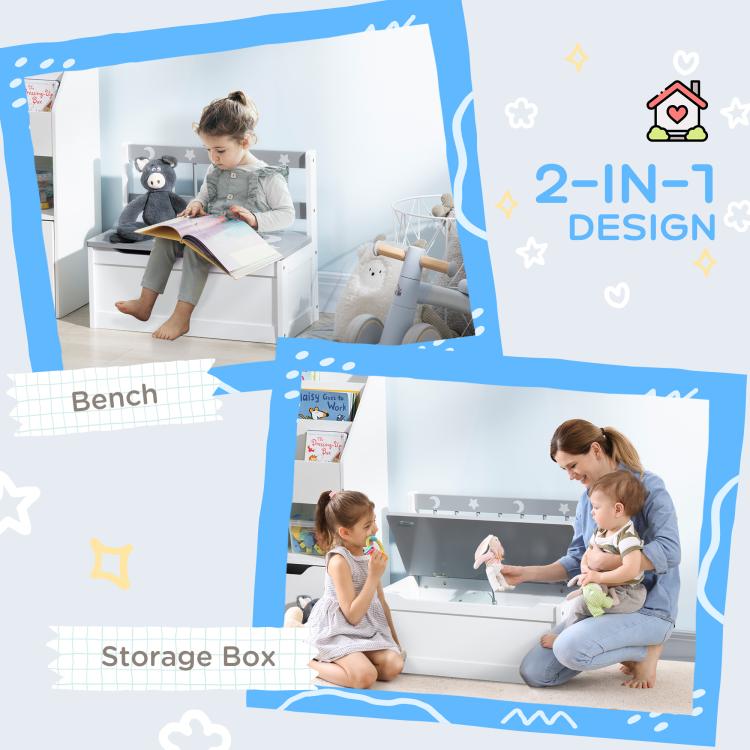 White toddler toy storage bench with gray star-patterned seat