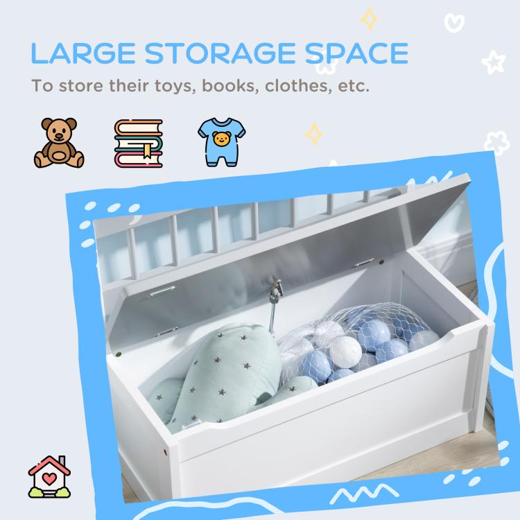White toddler storage bench with open large interior toy storage space