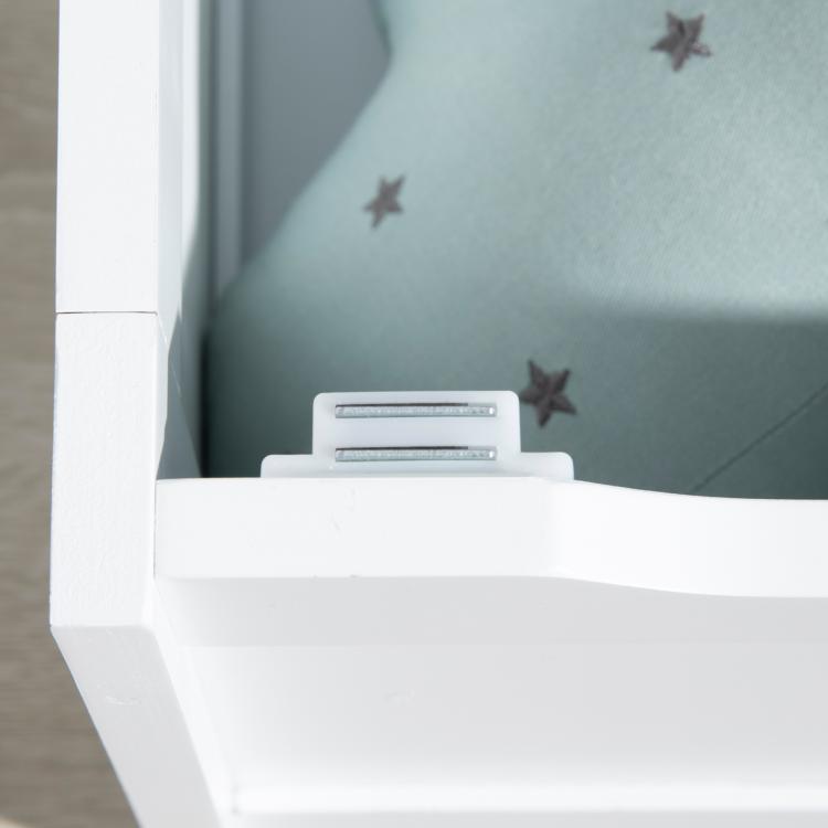 White toddler storage bench corner with internal hinge and lid support