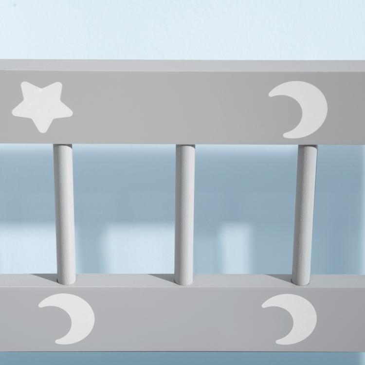 Gray star-and-moon panel on white toddler storage bench seat