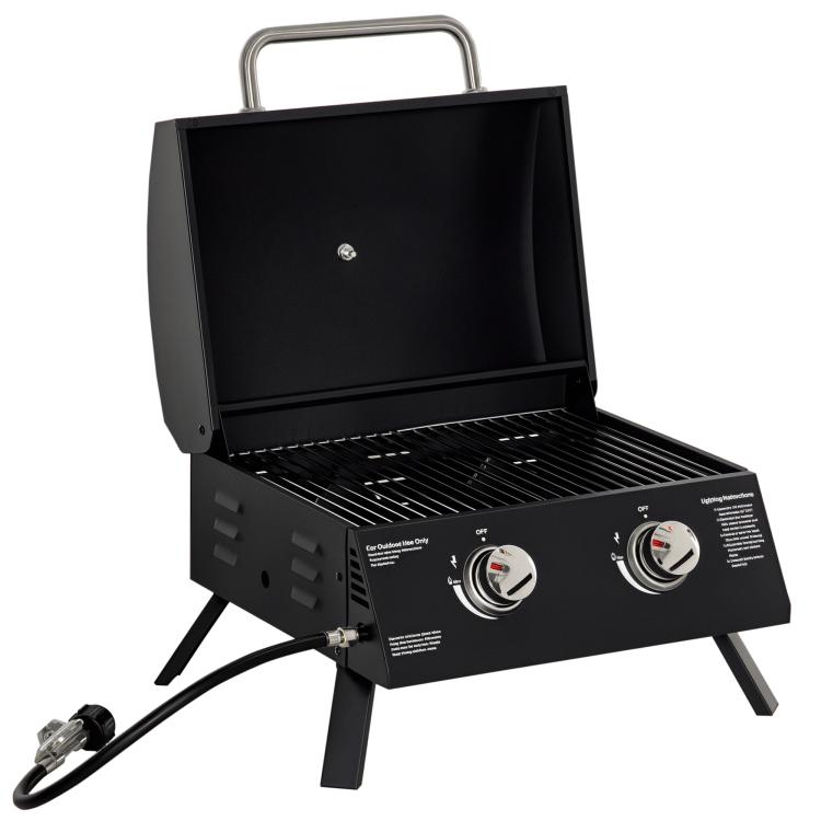 Black 2-burner tabletop gas grill with open lid and folding legs