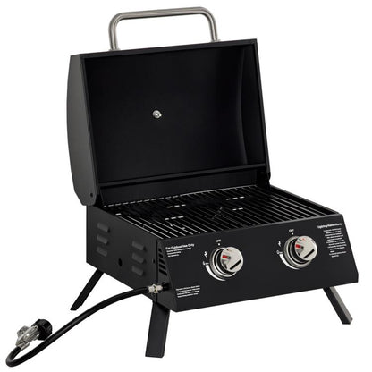 Black 2-burner tabletop gas grill with open lid and folding legs