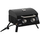Black 2-burner tabletop gas grill with closed lid, control knobs, and side handle
