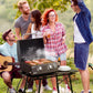 Black tabletop gas grill with open lid, grates, and two front control knobs