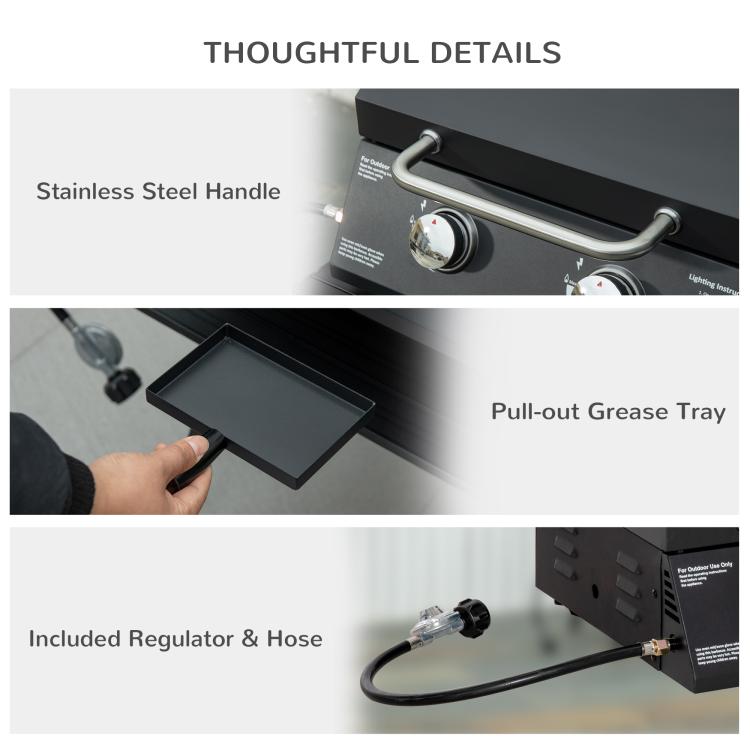 Black tabletop gas grill with stainless handle and pull-out grease tray detail