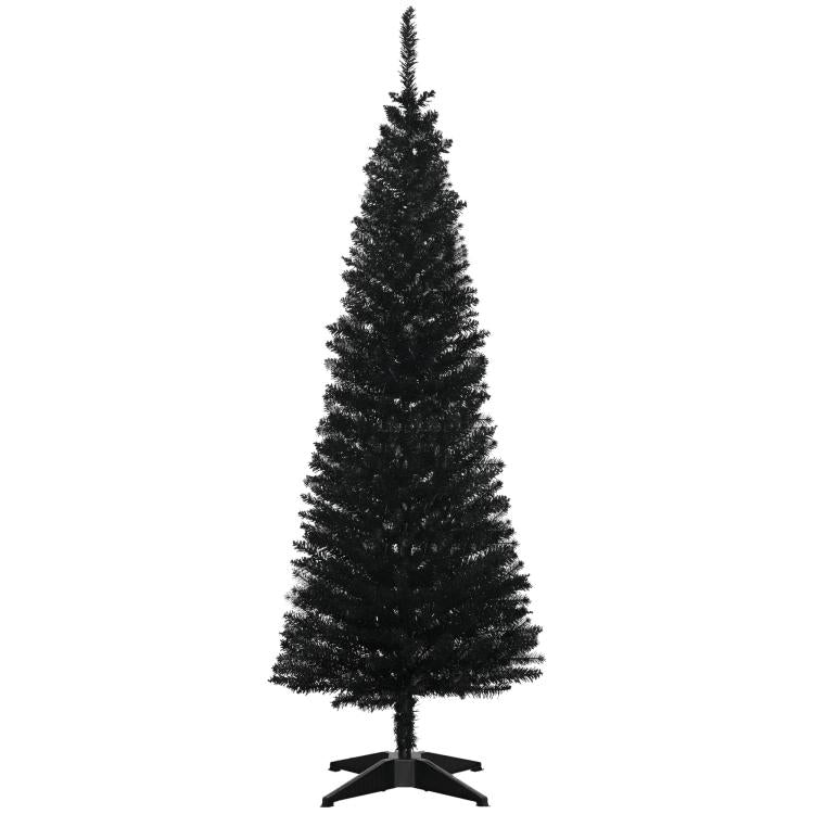 Black slim pencil artificial Christmas tree with plastic stand