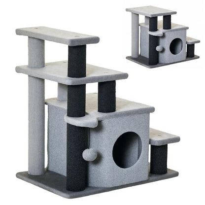 Gray 3-step cat stairs with scratching posts, plush house tunnel, and side hanging ball