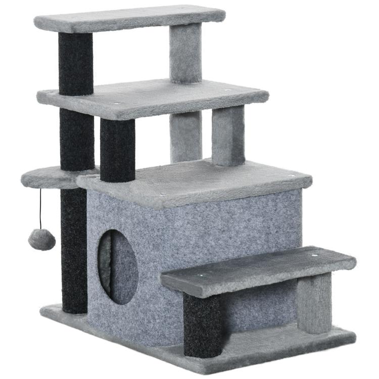 Gray cat climbing stairs with three platforms, scratching posts, plush tunnel, and steps