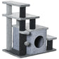 Gray cat condo with 3-step stairs, curved hideout tunnel, and scratching post