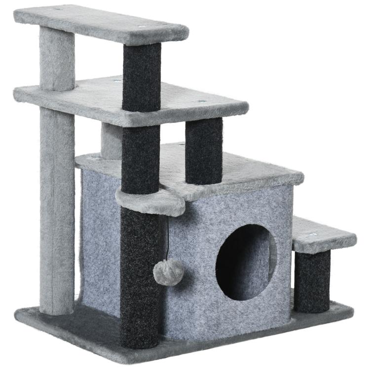 Gray cat condo with 3-step stairs, curved hideout tunnel, and scratching post