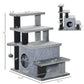 Gray 4-step cat stairs with plush platforms, scratching posts, and tunnel opening