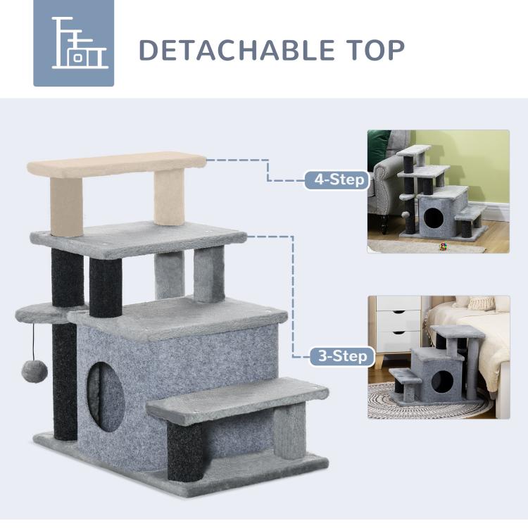 Gray cat stairs with three steps, detachable top platform, and scratching posts