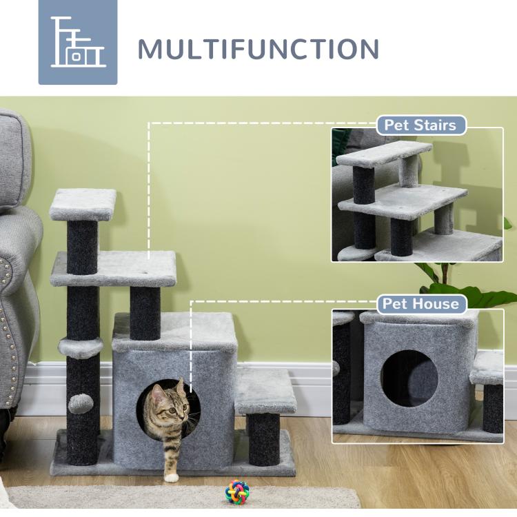 Gray cat stairs with enclosed house tunnel, multiple platforms, and scratching posts