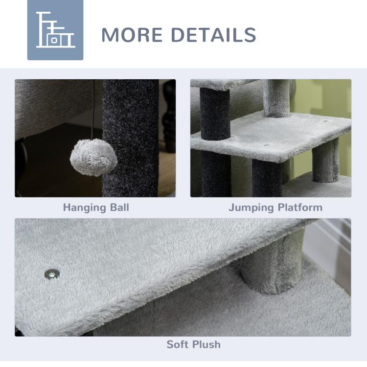 Gray cat stairs detail view with hanging ball, jumping platform, and soft plush cover