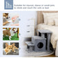 Gray cat stairs with steps and tunnel beside bed, plush platforms for climbing