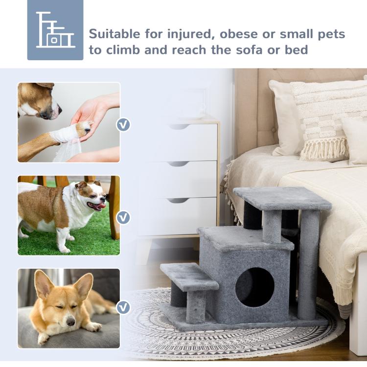 Gray cat stairs with steps and tunnel beside bed, plush platforms for climbing