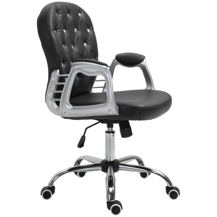 Black tufted desk chair with padded seat and armrests, chrome base, side view