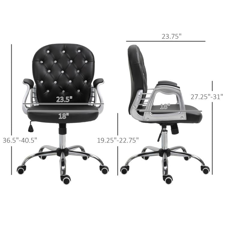 Black tufted swivel desk chair with padded seat and armrests, front and side view