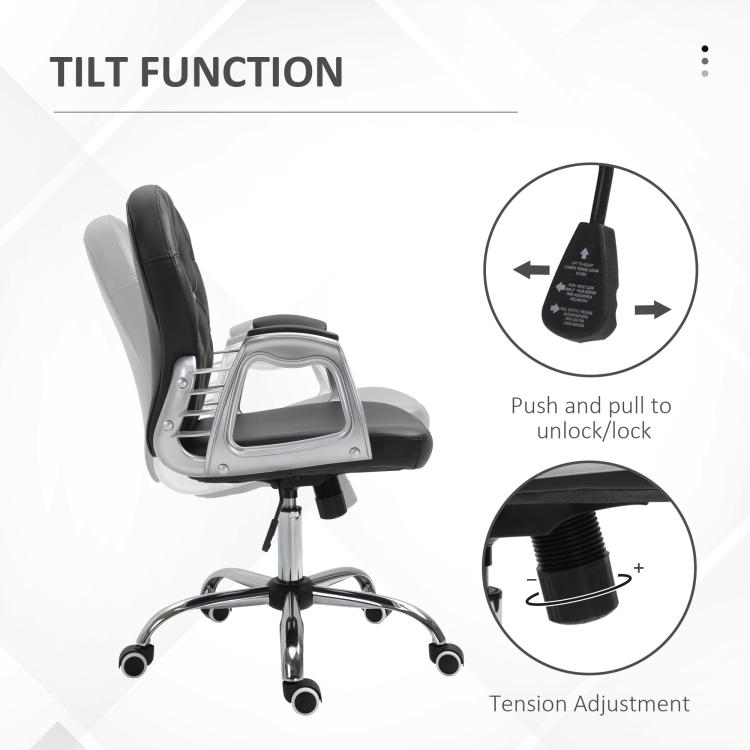 Black tufted swivel desk chair with tilt function and padded armrests, adjustment knob