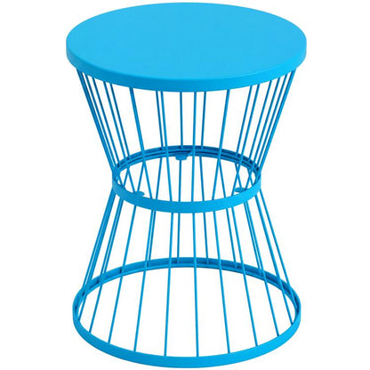 Blue hourglass side table with round top and metal wire frame