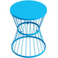 Blue round-top hourglass side table with metal wire hourglass base